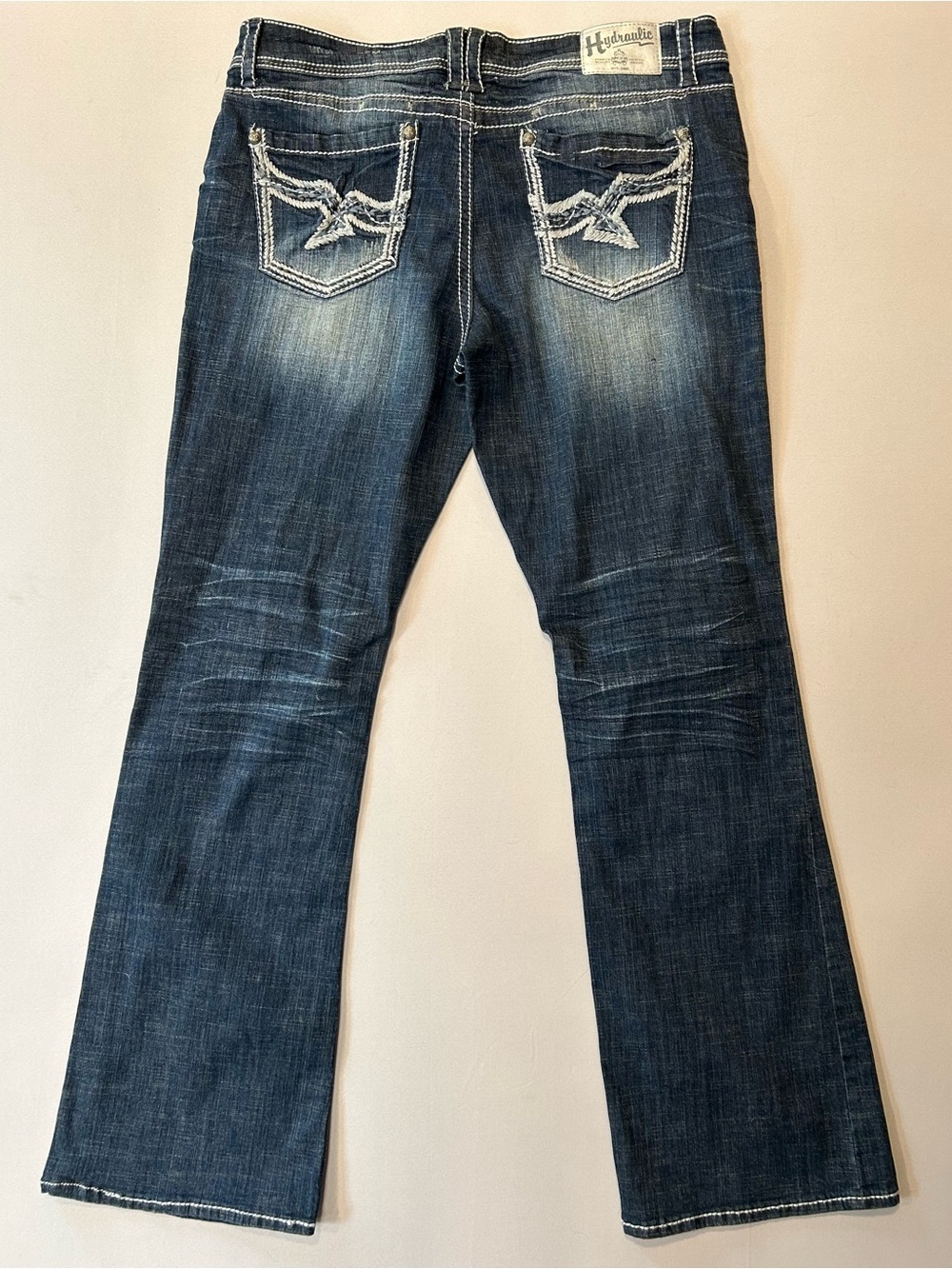 NWT Vintage 2000’s Hydraulic Y2K Dark Wash Embroidered Pocket Flare Jeans 15/16